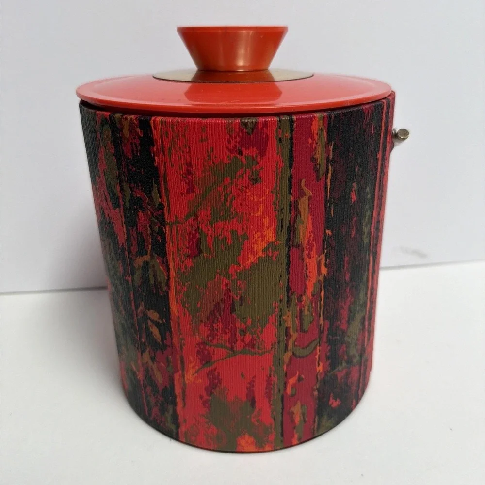 Mid Century Modern Ice Bucket Faux Bois Red Brass Handle 10